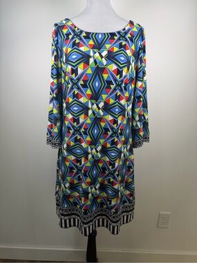 Laundry By Shelli Segal Geometric Print Open Back 3/4 Sleeve Shift Dress Boho